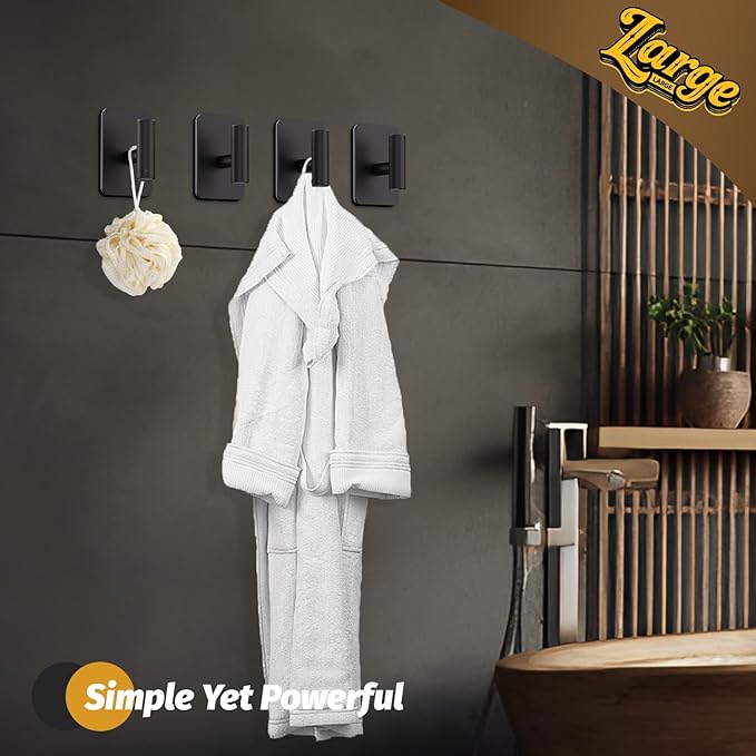 Heavy Duty Adhesive Hooks - 26lb Max, Sticky Wall Hooks Waterproof Stainless Steel for Hanging Towel, Coat, Robe, Towel Hooks Stick on Bathroom, Kitchen, Shower, Door (Black, 2 Pack)