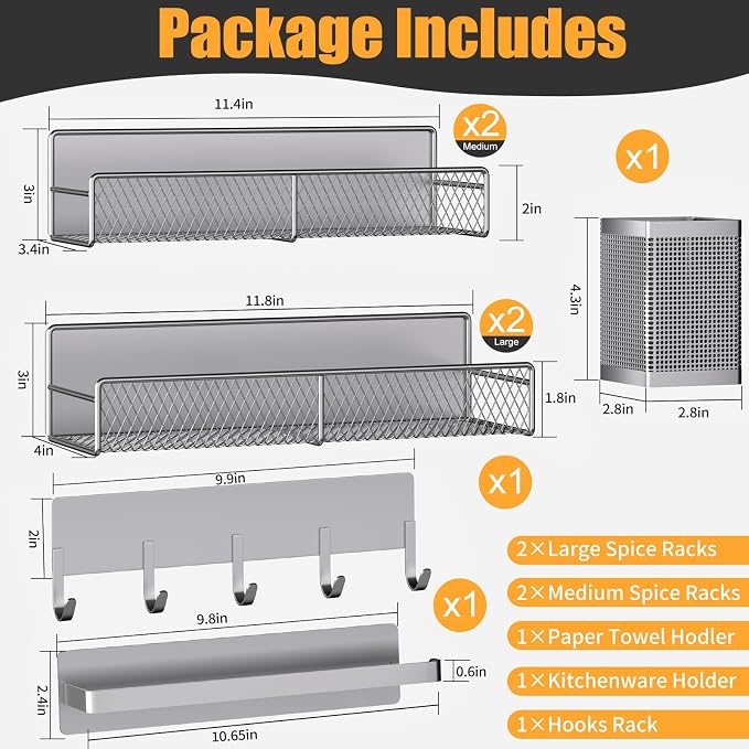 Magnetic Spice Rack for Refrigerator, 7 Pack 100% Metal Strong Magnet Shelves, Kitchen Spice Organizer W/ Hook Rack, Paper Towel Holder, Utensils Caddy, Home Laundry Room Storage Organization (Grey)