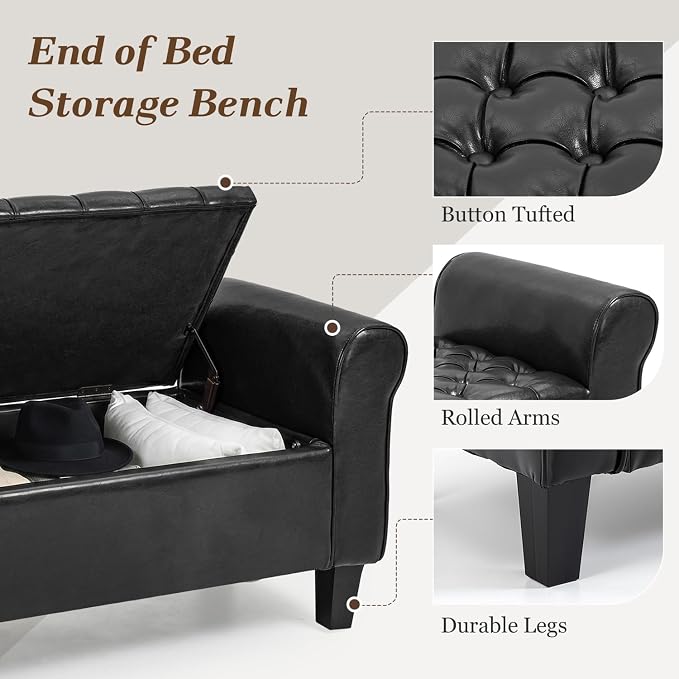 55" Storage Ottoman Bench for Living Room, End of Bed Bench with Rolled Arm Leather Ottoman with Storage Upholstered Entryway Bench Retro Style Footboard Bench for Bedroom, Black