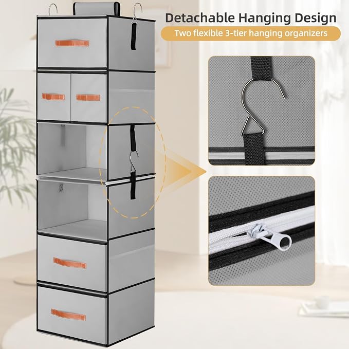 Hanging Closet Organizer 6-Shelf, Upgrade Closet Organizers and Storage with 5 Removable Drawers & 4 Side Pockets, Hanging Shelf Organizer for Bedroom or Garment Rack, 12.6'' x 12.6'' x 44.1'', Gray