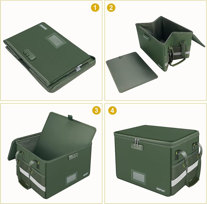 ENGPOW File Box with Lock, Fireproof Document Box with Zipper Lid, Collapsible File Storage Organizer Filing Cabinet with Handle, Portable Home Office Safe for Hanging Letter/Legal Folders, Green