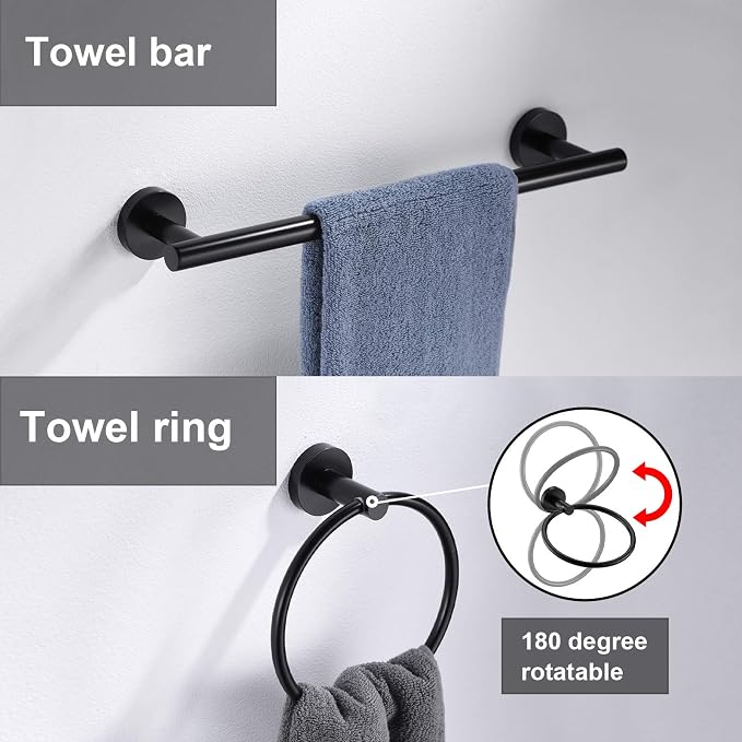 5 Pieces Matte Black Bathroom Hardware Accessories Set Hand Towel Ring 16 inch Towel Bar Toilet Paper Holder Towel Hooks 2 Pieces Round SUS 304 Stainless Steel Heavy Duty Wall Mounted Bathroom Holder