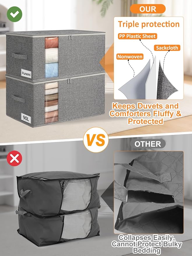 punemi 90L Rigid-Sided King Size Comforter Storage Bag,2 Pack, Gray | Sturdy Structure, Stackable Design, Clear Window, for Bedding, Pillows, Quilts & Duvets, Closet Organization