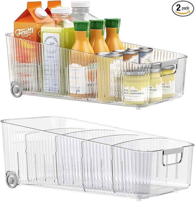 Pull Out Fridge Organizer Bins with Wheels, 8 Dividers, 2-Pack | Clear PET storage bins with handles, rear wheels and adjustable dividers for refrigerator, pantry and cabinet shelves