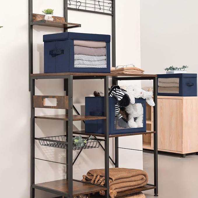 Homsorout Stackable Storage Bins with Lids - Medium Storage Box with Lids, Foldable Closet Boxes for Organizing, Wardrobe Clothes Organizer with Window, Cubes Bins for Living Room, 5 Pack, Navy Blue