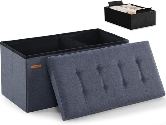 HAUSFRAU Ottoman with Storage Bench Folding Foot Rest Stool Linen Grey | 31.5", Flip Lid, Small Upholstered Foldable Footrest Footstool, Bedroom Bench, Living Room Dorm Ottoman, Rectangle