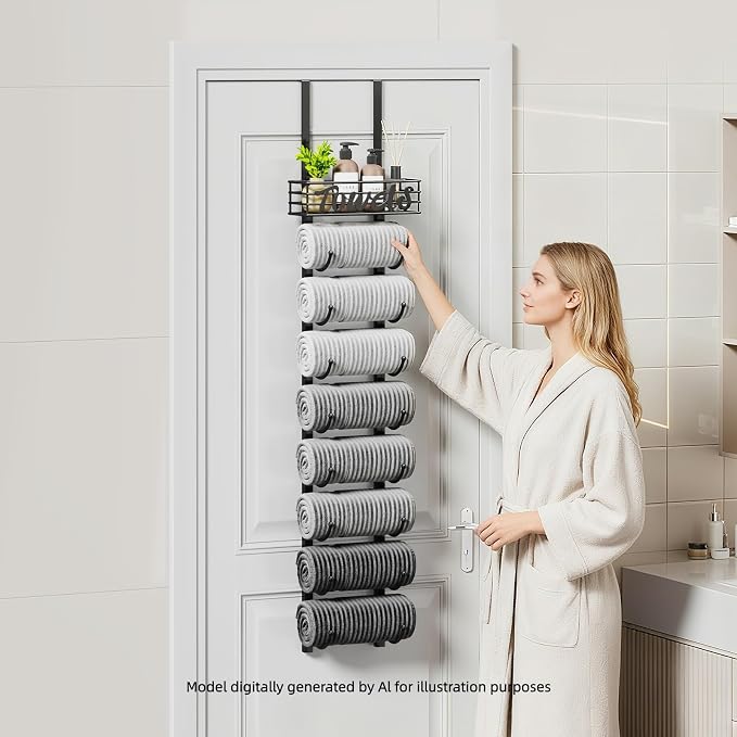 SWTYMIKI Hanging Towel Racks for Bathroom - 9 Tier Over the Door & Wall Mounted Bath Rolled Towel Storage Organizer Holder for Small Bathroom, RV, Camper, Black (Patented)