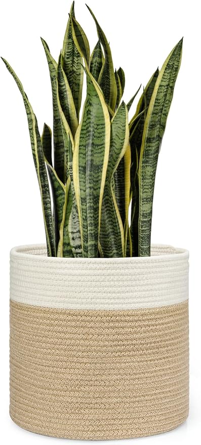 Dahey Plant Basket Indoor for 12 inch Pot Woven Jute Planter, White & Beige | Fits 10"-12" Planters, Reinforced Structure, Foldable Laundry Bin with Handles, Jute Cotton Rope, Decorative Flower Pot Cover