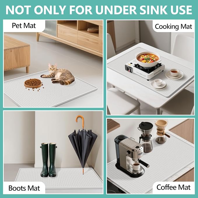 24" x 24" Under Sink Mat for Kitchen Waterproof Raised Edge White | Under Sink Organizer Silicone Mat Sink Protector Silicone Organizers Tray for Kitchen Bathroom