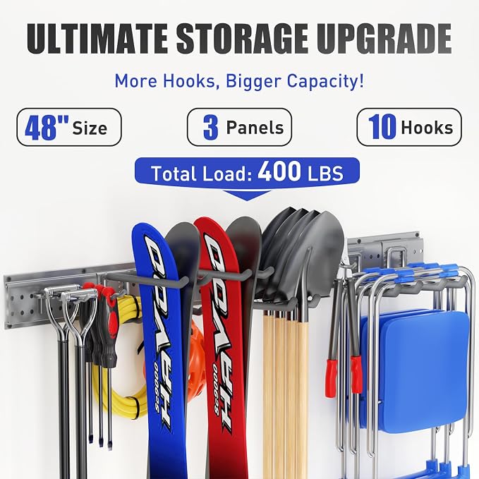 Garage Tool Organizer Wall Mount 49.5 inches with 10 Adjustable Heavy-Duty Hooks, Garage Organization, Garden Tool Storage Rack, Yard, and Shed, Holds Up to 400 lbs (Grey)