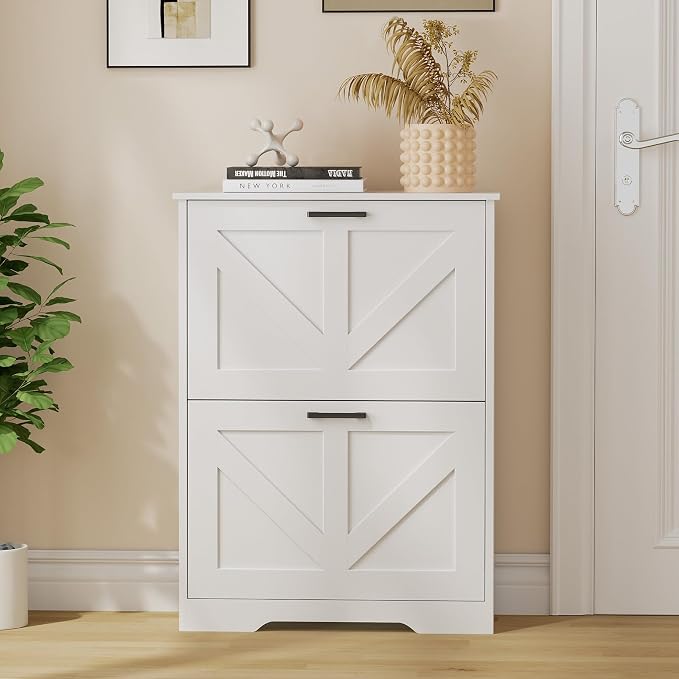 Homleke Farmhouse Shoe Cabinet for Entryway, 2 Barn-Style Flip Drawers | Narrow Shoe Storage Organizer, Top Display Shelf, Adjustable Shelves, Shoe Rack, for Hallway Closet, 24" Wide, White