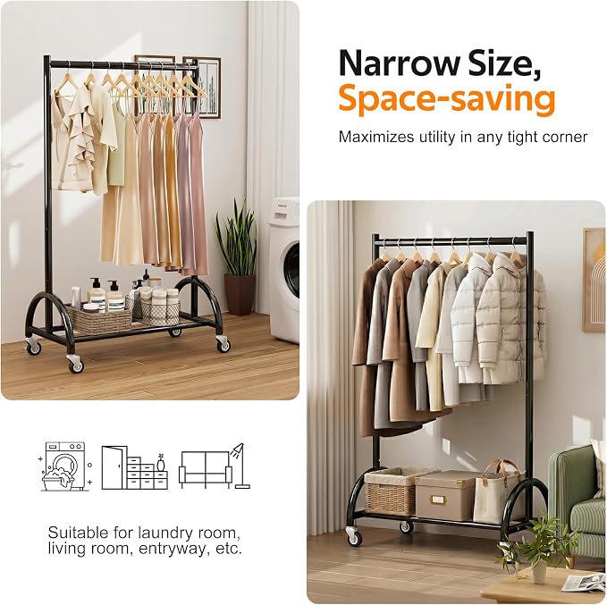 MISSLO Heavy Duty Clothing Rack with Wheels Rolling Clothes Racks for Hanging Clothes, Coats, Garment, Dress, Black, 30" W