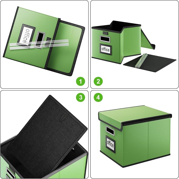 File Organizer Box with Lids, Collapsible File Folder Organizer | File Box with Plastic Slides for Document, Filing Bin for Letter Size Hanging File Folders (4 Pack, Green, Leather)