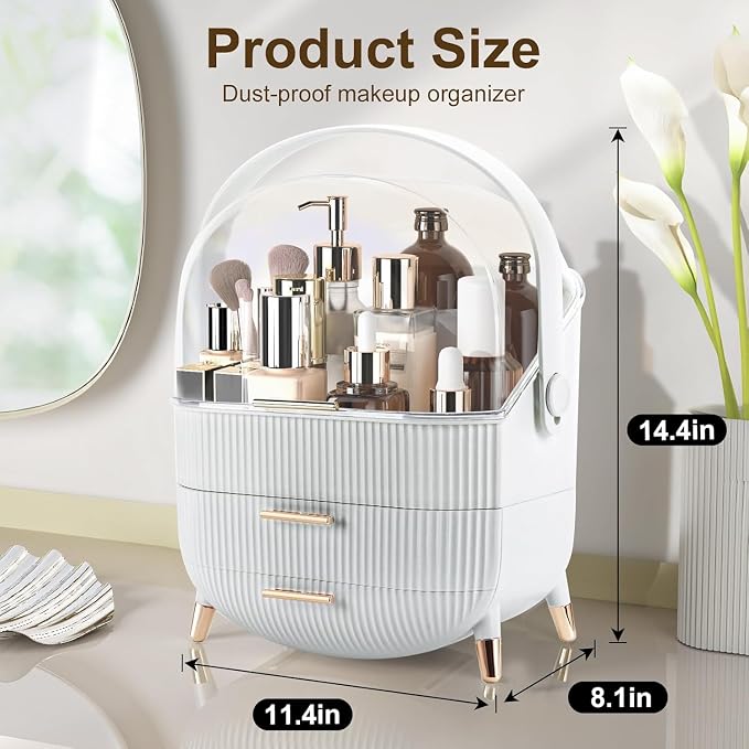 Makeup Organizer, Large Skincare Organizer for Vanity with Drawers & Cover | Makeup Storage Box, Large Capacity Cosmetic Display Cases Makeup Storage Box for Bedroom, Bathroom, Gifts for Women(White)