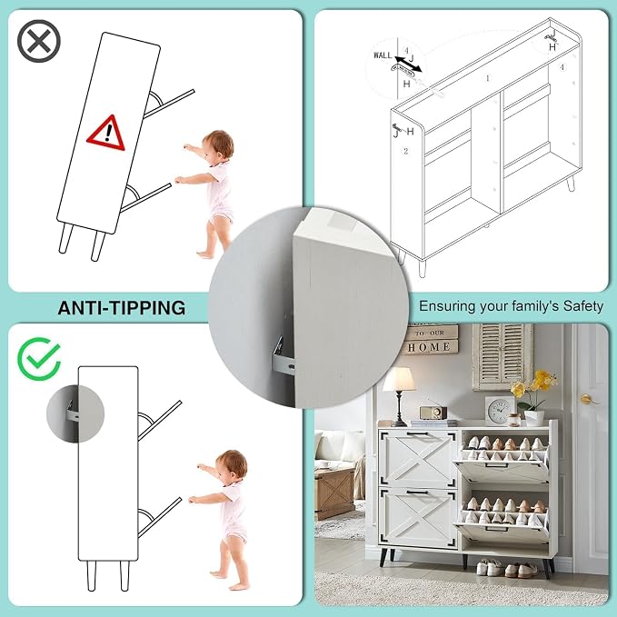 Barnyatoh Shoe Storage Cabinet,Farmhouse Shoe Organizer with 4 Flip Drawers & Barn Door Design,Freestanding Hidden Slim Narrow Shoe Rack Cabinet for Entryway,Foyer,Hallway,Antique White