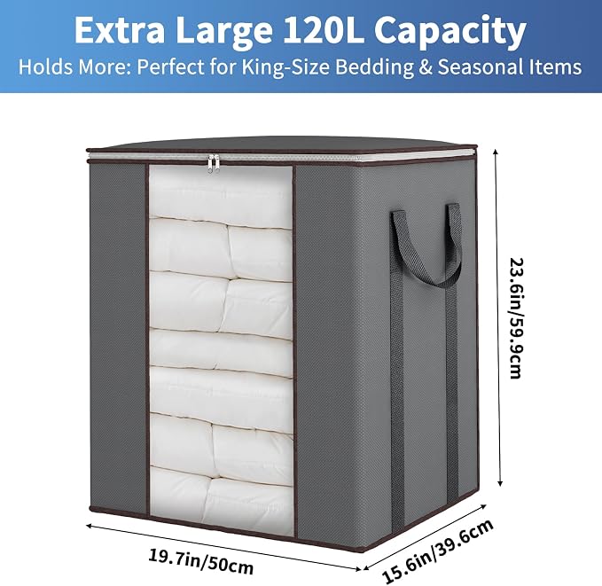 Fixwal Extra Large Blanket Storage Bags 120L Comforter Storage Bags with Reinforced Handles Breathable Clothes Storage Containers for King Comforter Bedding Pillow Sheet Grey | Breathable Fabric, Reinforced Handles, for King Comforters Bedding Pillows ...