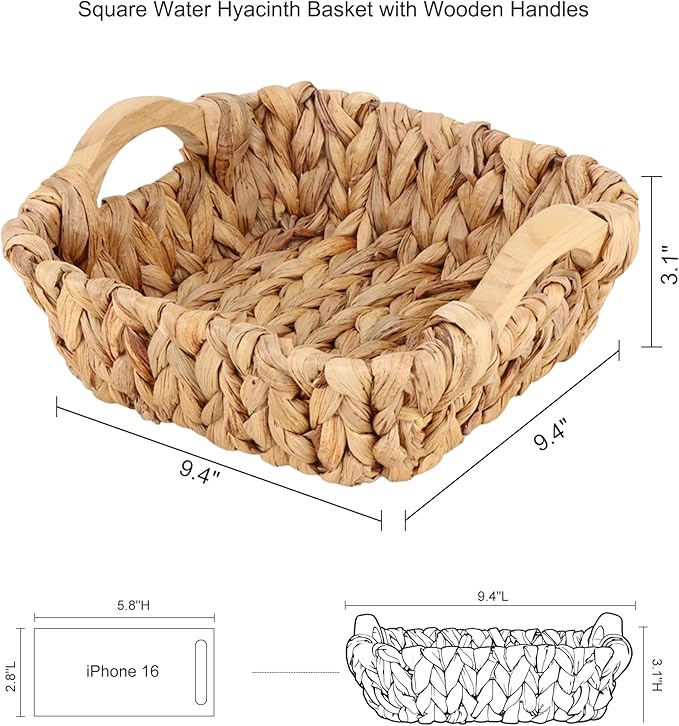 Square Small Water Hyacinth Wicker Basket for Organizing | Decor Woven Storage with Wooden Handles, Perfect for Shelves, Snack, Countertops or as Gift Basket