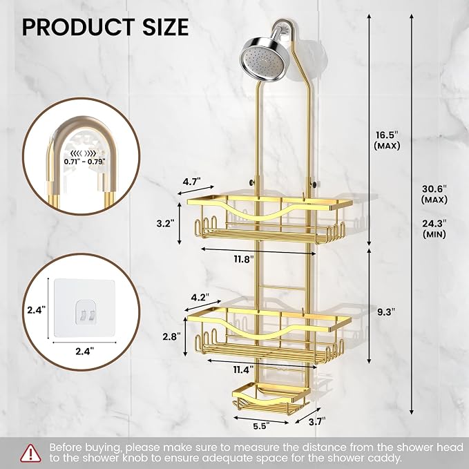 Shower Caddy Hanging Adjustable Shower Caddy, Rustproof Shower Organizer Extended Length Showers Caddy Over Shower Head with Hooks Soap Holder, Large Capacity Anti-Swing Bathroom Organizer, Gold | Shower Caddy Over Showerhead, Extra Long, No Drilling, ...