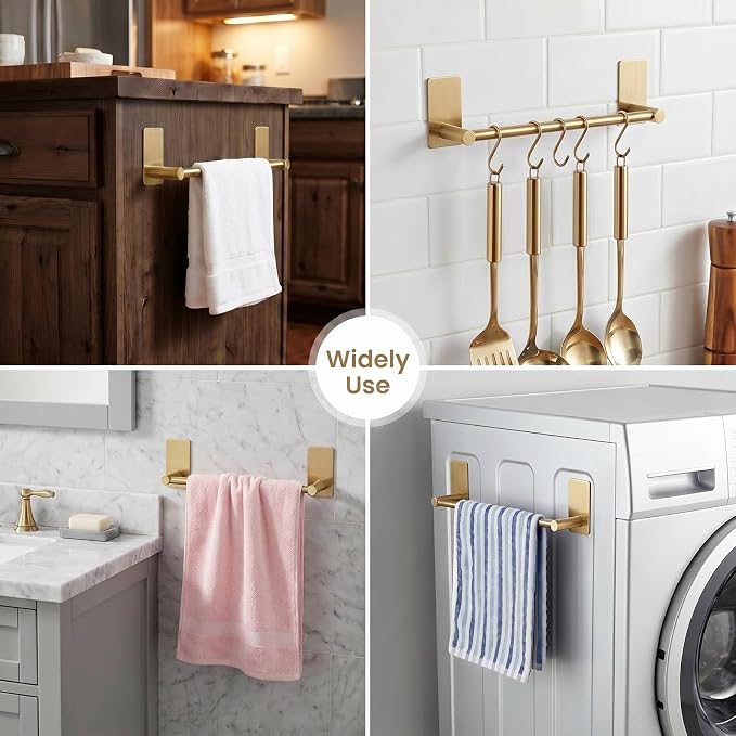 Songtec Gold Towel Bar 9-Inch, Adhesive Bath Towel Rack No Drill, Strong Adhesion Tape Mount Towel Holder, Stainless Steel - Brushed Gold