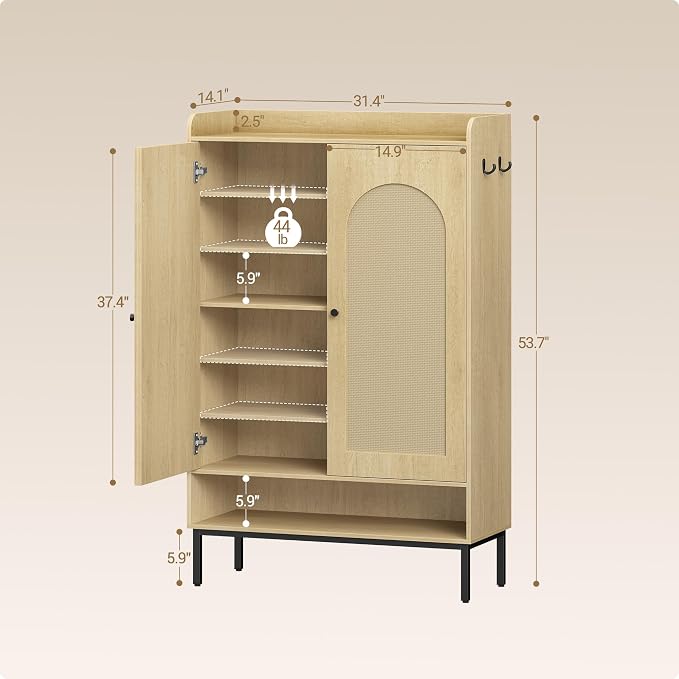 Hzuaneri Shoe Cabinet, 7-Tier Shoe Storage Cabinet with Adjustable Shelves | Wooden Shoes Organizer Cabinets with Doors & Top Storage Layer, 28-32 Pairs, for Entryway, Hallway, Rattan SR68702Y