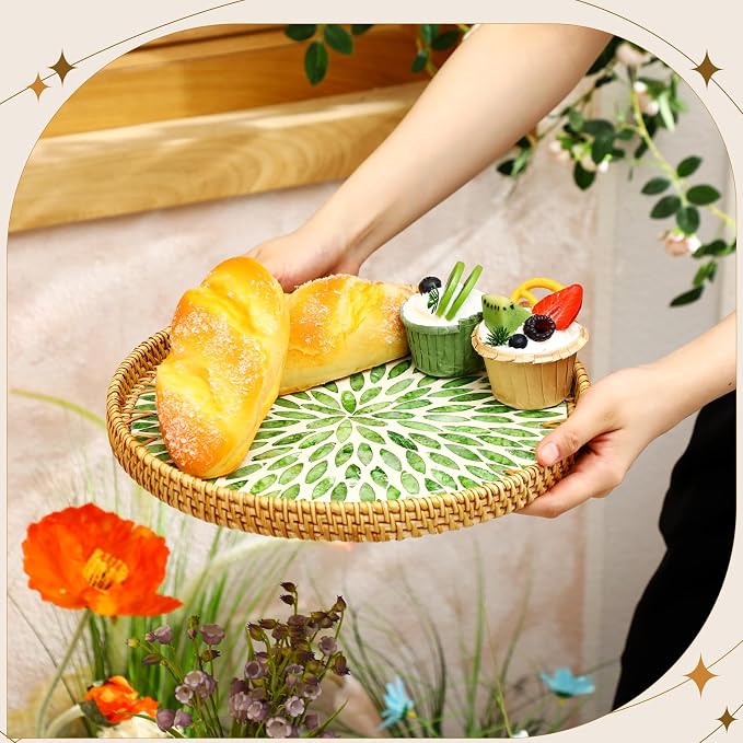 3 Pcs Round Rattan Tray with Mother of Pearl Inlay Wicker Serving Tray with Wooden Base Boho Decorative Wicker Basket for Table Decor Bathroom Candle Perfume(Fresh Style)
