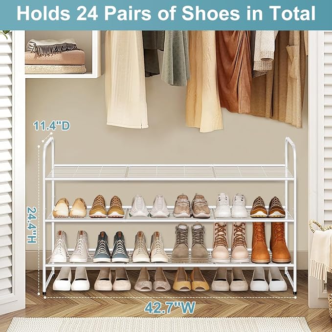 AOODA Long 3 Tier Metal Shoe Rack for Closet Wide Stackable Shoe Storage Organizer for Entryway, Bedroom, Floor, 24-Pairs Men Sneakers Boot Shelf with Wire Grid, White