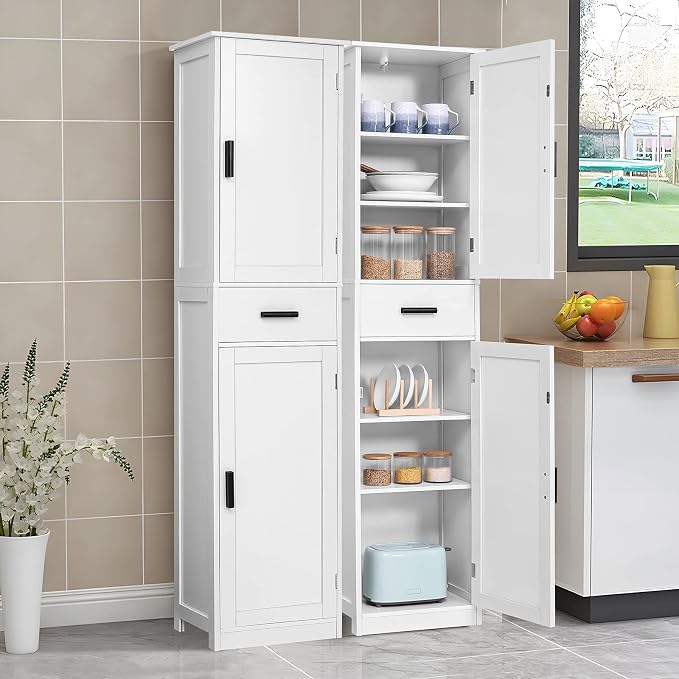 usikey 67'' Tall Bathroom Cabinet, Storage Cabinet with 4 Shelves & 2 Doors, Narrow Storage Cabinets for Bathroom, Living Room, Home Office, White