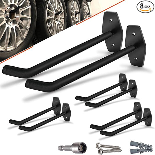 Tire Storage Rack Wall Mount, 10in Large Garage Hooks Heavy Duty | 8 Pack Tire Hooks for Garage Wall Storage, Wheel Hanger for Organizing Rims Ladder Folding Chairs and Bulky Tools | 88lbs