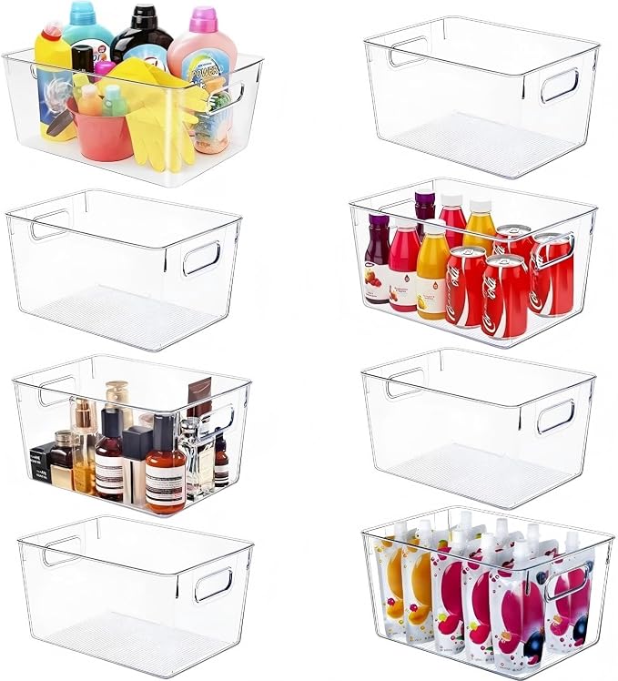 SKTEET Set of 8 Large Clear Plastic Storage Bins (8L), Storage Containers for Pantry Organization and Kitchen Storage Bins,Home Edit and Cabinet Organizers
