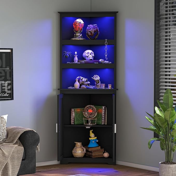 Corner Cabinet, Tall Corner Hutch with 5 Shelves & 2 Doors, Bathroom Cabinet with Adjustable Shelf, for Living Room, Kitchen, Bathroom, Black