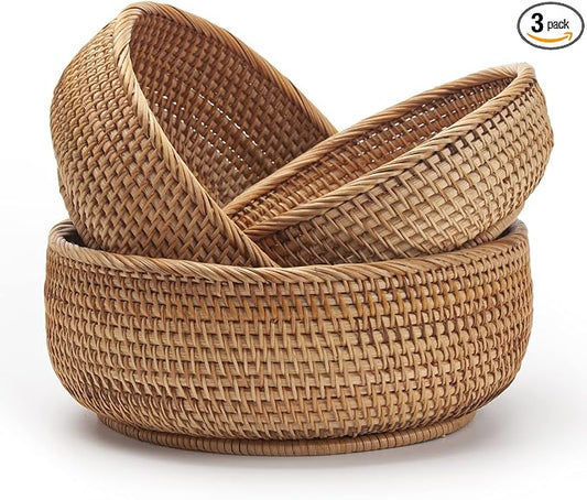 Round Rattan Fruit Baskets Woven Storage Bowls Key Holder Stackable for Shelf Kitchen Tabletop Natural Set of 3