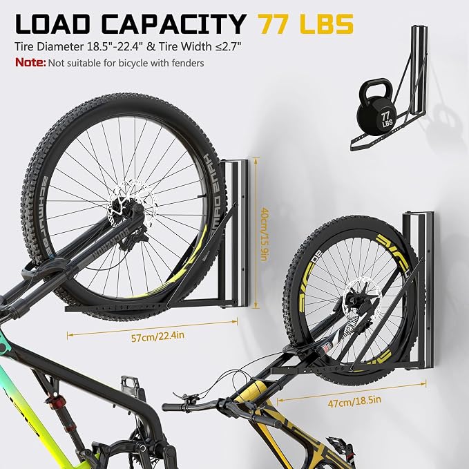 Swivel Bike Wall Mount, Bicycle Hangers for Garage, Space-Saving Vertical Bike Storage Rack, Sturdy Garage Bike Rack Holds Up to 77 lbs, Easy to Install-Black