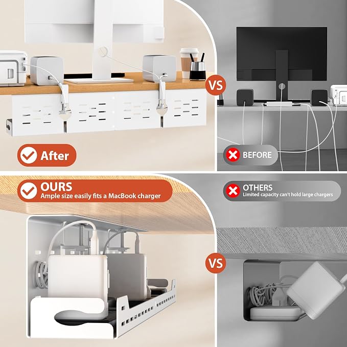 Univivi Under Desk Cable Management Tray, Cable Management, 32 inch, White | Durable Steel Material, Desk Cable Management with No-Drill C-Clamp and Screw Mount, Cord Management for Office/Home