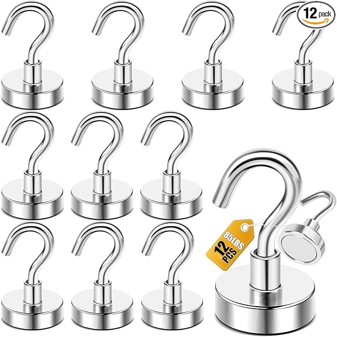 DIYMAG Magnetic Hooks 12pcs 85lbs Cruise Essentials 2026 Magnet Hook | Neodymium Heavy Duty Strong Magnets Hanging Ship Cabins Refrigerator Fridge Classroom Beach Vacation Kitchen Grills Home Tool