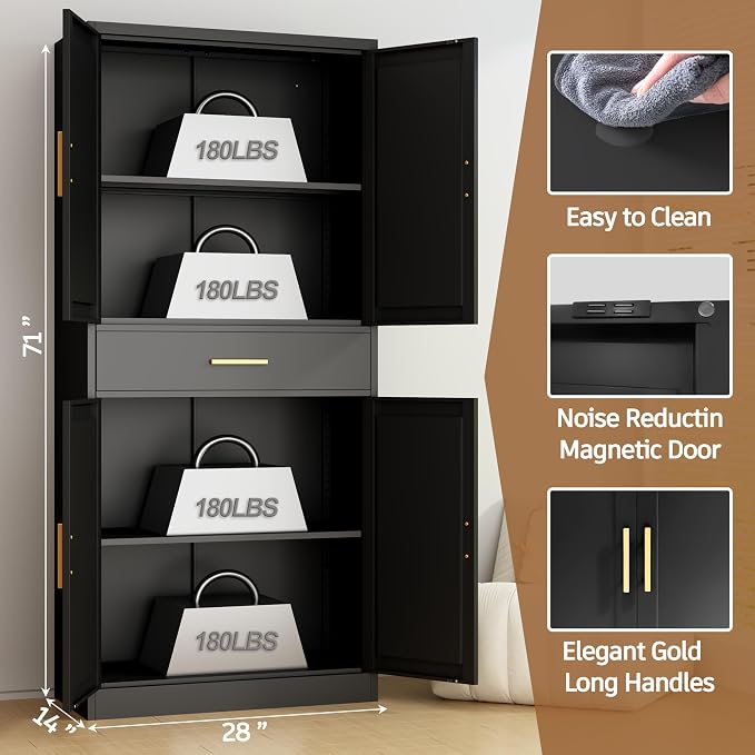 71”Tall Kitchen Pantry Cabinet, Metal Storage Cabinet with Doors and Shelves (Black, 1 Drawer)