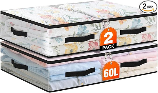 2 Pack Under Bed Storage Bags, 60L Foldable Clear Containers with Handles | Dual Zipper Storage Bins for Comforters, Bedding, Blankets, Closet Organizer for Clothes, Linen Sheets, Sweaters