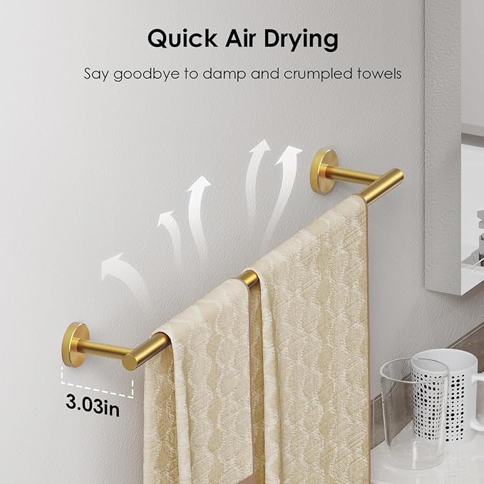 FORIOUS Bathroom Accessories, 4-Piece Bathroom Hardware Set - 18" Towel Bar | Brushed Gold | Towel Hooks, Towel Racks for Bathroom, Toilet Paper Holder Wall Mounted & Towel Ring | SUS304 Stainless Steel