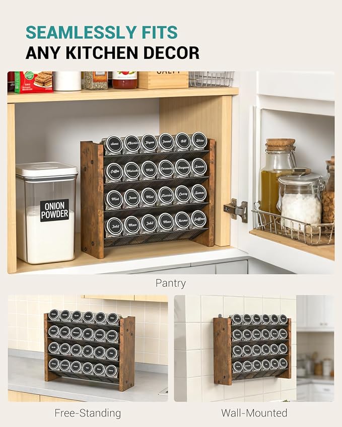 NESAPTO Spice Rack Organizer with 24 Glass Spice Jars, Wood 4-Tier Seasoning Organizer with Labels for Cabinet, Pantry, Countertop or Wall Mount, Chalk Marker and Funnel Set, 12.2" W × 9.4" H