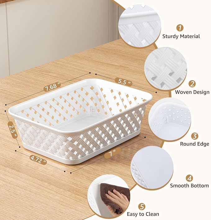 MaxGear 3 Pack Plastic Storage Baskets, Small, White | Durable Woven Plastic with Built-In Handles, Suitable for Shelves, Closets, Cabinets, Bathrooms and Offices
