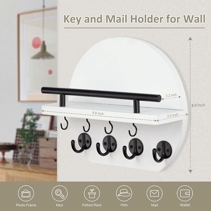 Nekon Key Holder for Wall - 9.8 Inch Apartment Wall Decor with Shelf and 8 Key Hooks, Circular Wood Key Hanger for Home Decor (White)