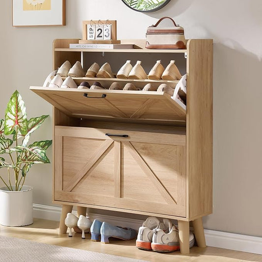LEYAOYAO Shoe Cabinet Storage for Entryway with 2 Flip Drawers Rack Narrow Organizer Slim Hidden Wood Shoe Cabinet Furniture Natural