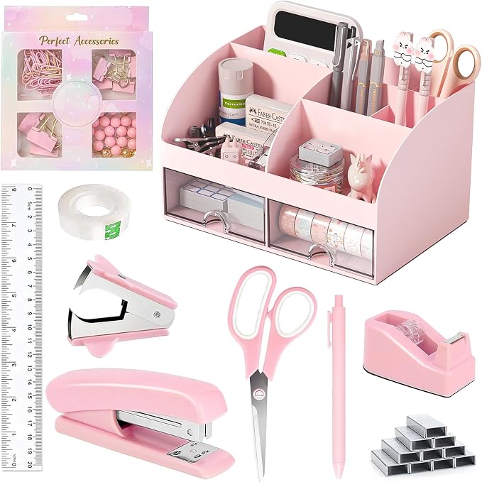 COMFYROOM Pink Desk Accessories with Pen Holder, Pink Office Supplies Desk Organizers and Accessories for women, Tape Dispenser, Stapler, Staple Remover, Staples, Clips Set, Ruler, Scissor, Pen, Tape
