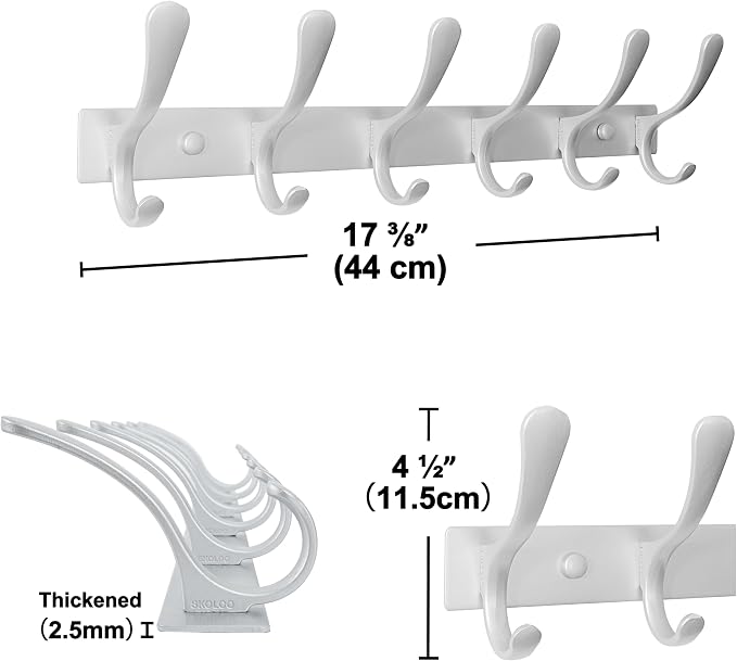 SKOLOO Coat Rack Wall Mounted - 6 Hooks, Heavy Duty, Stainless Steel, Metal Wall Hangers, Sturdy Coat Hooks for Hanging Coats, Jacket, Clothes, Hat, Cold Light Silver