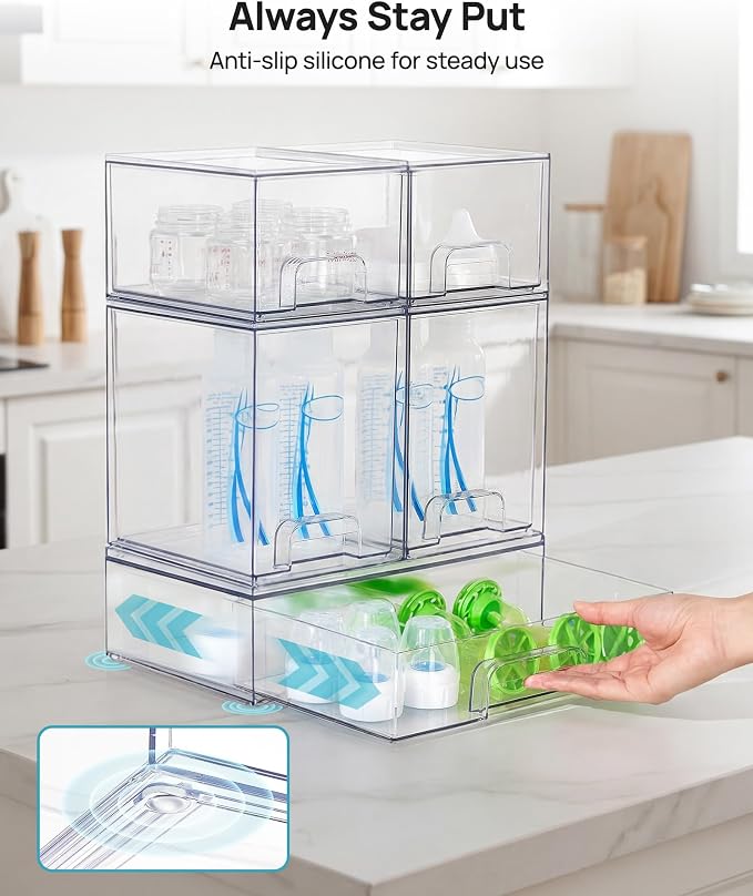 Vtopmart Stackable Storage Drawers Set of 5, Clear Plastic Organizer Bins for Baby Bottle, Beauty Supplies Storage, Ideal for Kichen Countertop, Vanity, Bathroom, Cabinet, Pantry Organization
