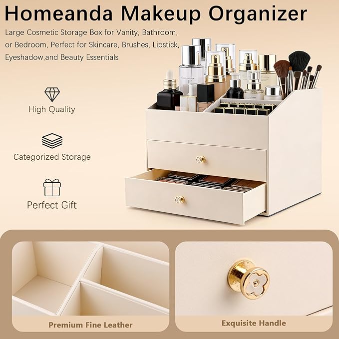 Homeanda Makeup Organizer with Drawers, PU Leather Cosmetic Storage Box Large Cosmetic Display Case for Skincare, Lipstick, Brushes, Bedroom Storage(Beige)