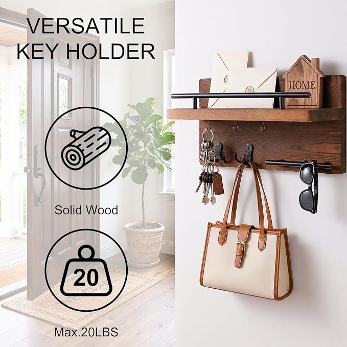 OurWarm Wall Mounted Key Holder/Hangers for Wall Decorative with 5 Key Hooks, Wooden Mail Rack Organizer with Shelf, Rustic Home Decor for Entryway Mudroom Hallway Office, Brown