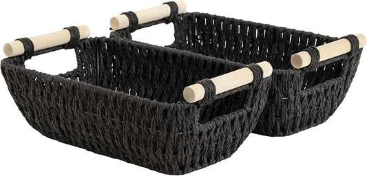 StorageWorks Black Wicker Storage Basket for Organizing with Wooden Handles, Small Woven Basket for Shelf, Toilet Paper, 2-Pack