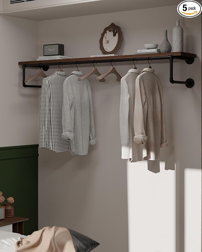 Clothes Rack 60in, Wall Mounted Garment Racks with Real Walnut Wood Shelf, Heavy Duty Hanging Clothes Rack, Multi-Purpose Hanging Rod, Space-Saving Closet Storage