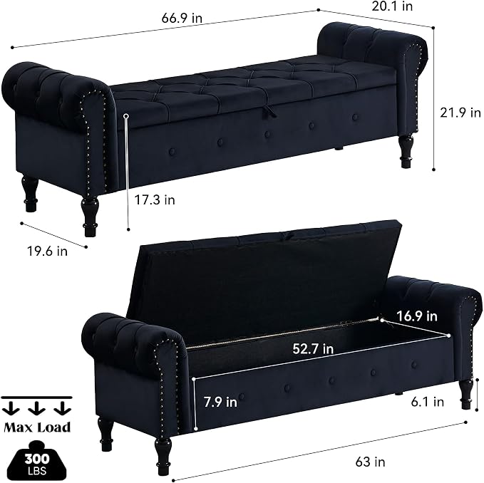 Storage Bench 67" Velvet End of Bed Benches Black | King Size Storage Bench for Bedroom with Rolled Arms Tufted Ottoman Benches Upholstered Bench for Living Room Entryway