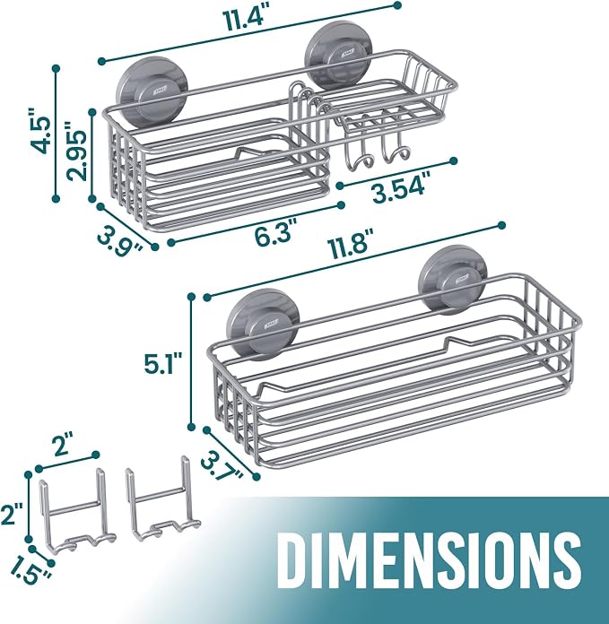 TAILI Shower Caddy Suction Cup 2 Pack with Hooks & Soap Holder, Heavy Duty Shower Organizer for Bathroom, No Drilling Bathroom Organizer with Large Capacity, Metal Storage Holder-Grey